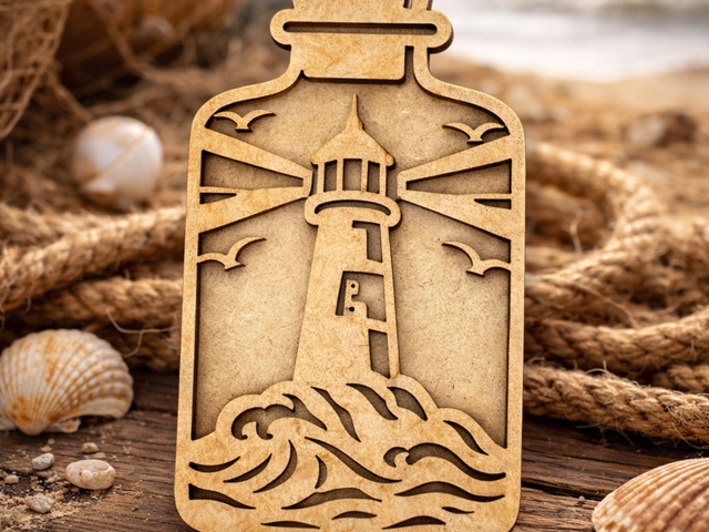 Schiffsflasche mit Leuchtturm – gelasert aus Birkenholz